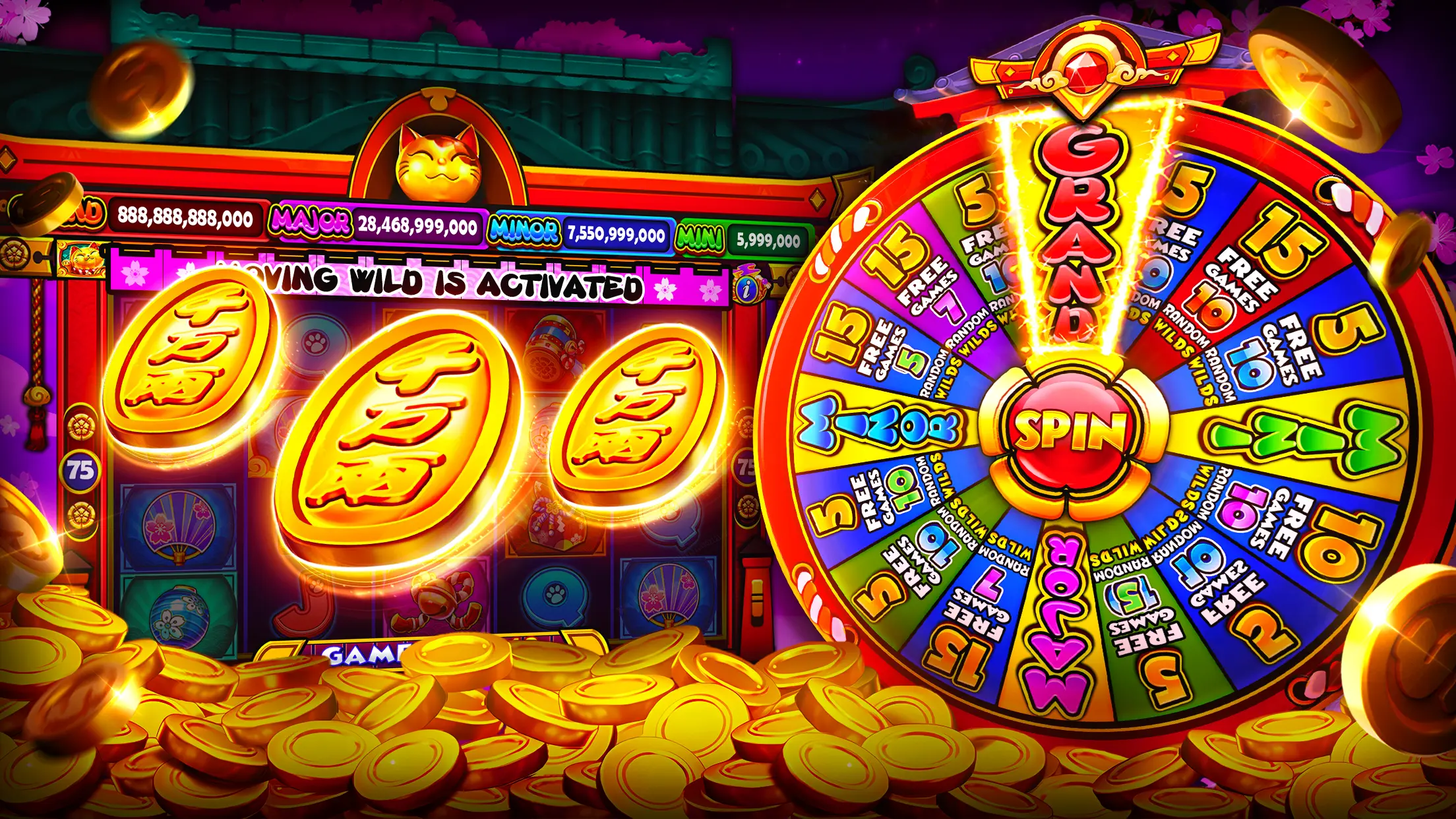 Golden coin symbols and a colorful bonus wheel in slot-themed artwork
